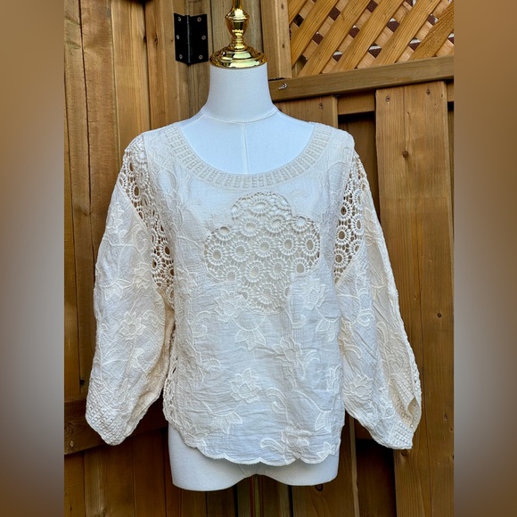 🆕 FARM Rio 🧿 NWOT Off White Crochet Long Sleeve Blouse - Picture 2 of 15